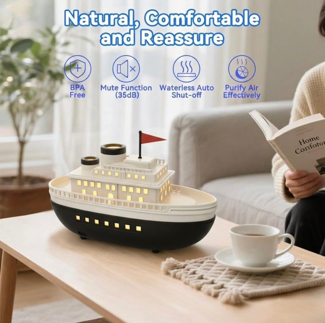 Boat shaped Essential oil Diffuser and Air Humidifier With Cozy Cabin Window Glow